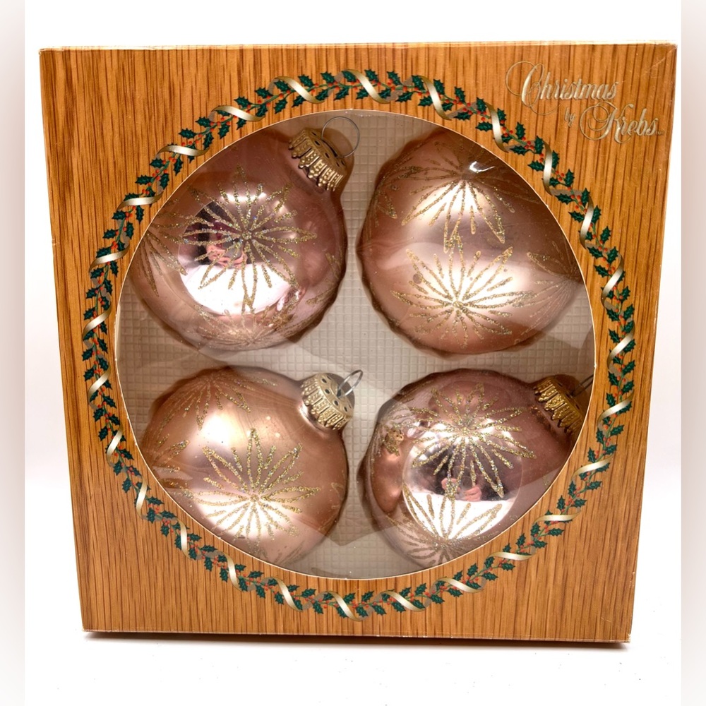 Box of 4 Christmas by Krebs Pink Glitter Shiny Ornaments